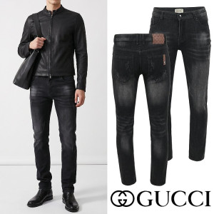 GUCCI 구찌 모노그램 레더 패치 흑청 슬림진